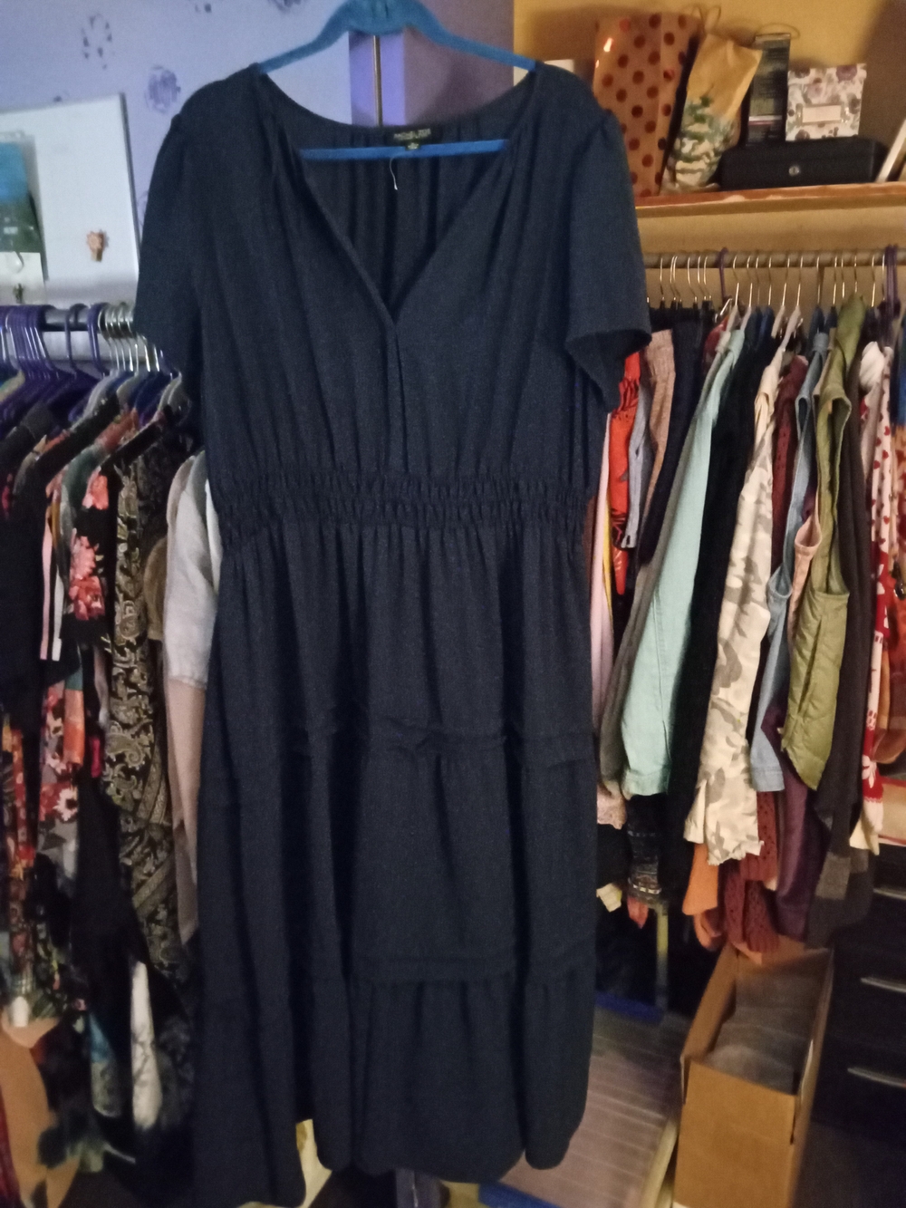 Rachel Zoe Navy Blue Short-Sleeve Tiered Midi Dress